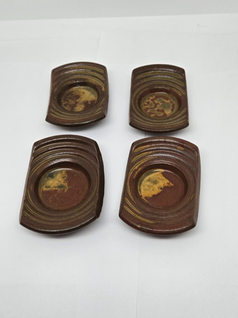 Redware Sake / Tea cups with Saucers, Brown, Yellow, Red - Picture 7 of 8